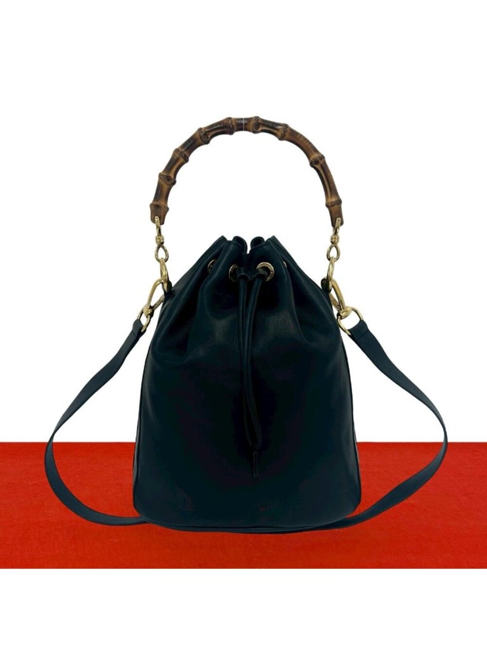 Gucci Vintage Bamb Leather Drawstring 2-Way Shoulder Bag Navy